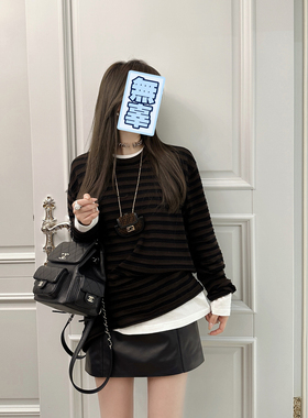 RUBBIT 高档全羊毛 宽松休闲 条纹针织中长款上衣