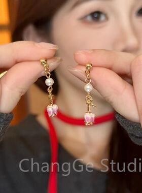 ChangGe Studio 新中式永生花玫瑰花耳环新款森系设计感耳钉女小