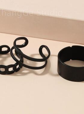 ChangGe Studio 黑色开口戒指三件套速卖通热卖双层戒指套装ins简