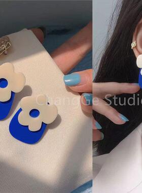 ChangGe Studio 韩国新款克莱因蓝色花朵耳钉女925日常百搭简约时