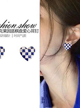 ChangGe Studio 925蓝白棋盘格爱心耳环女时尚气质潮流耳钉设计感