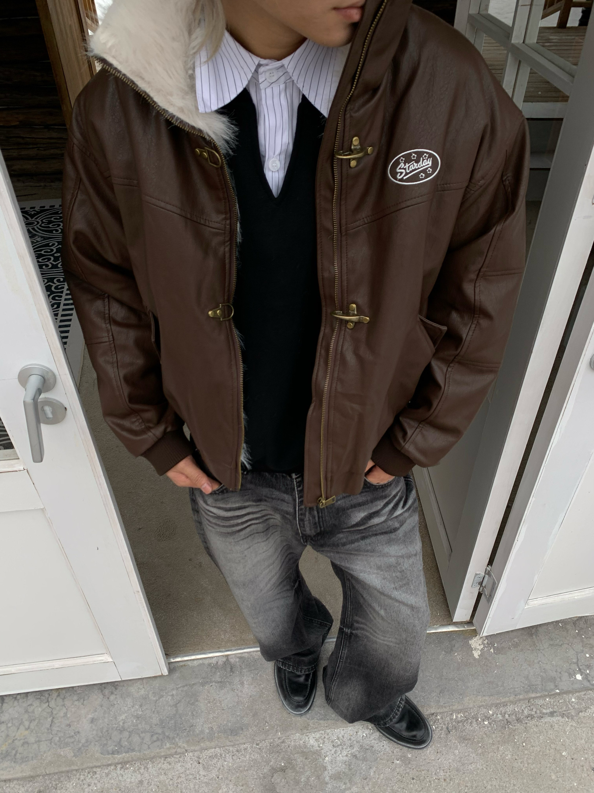 美拉德pu皮飞机扣毛领工装棉服男