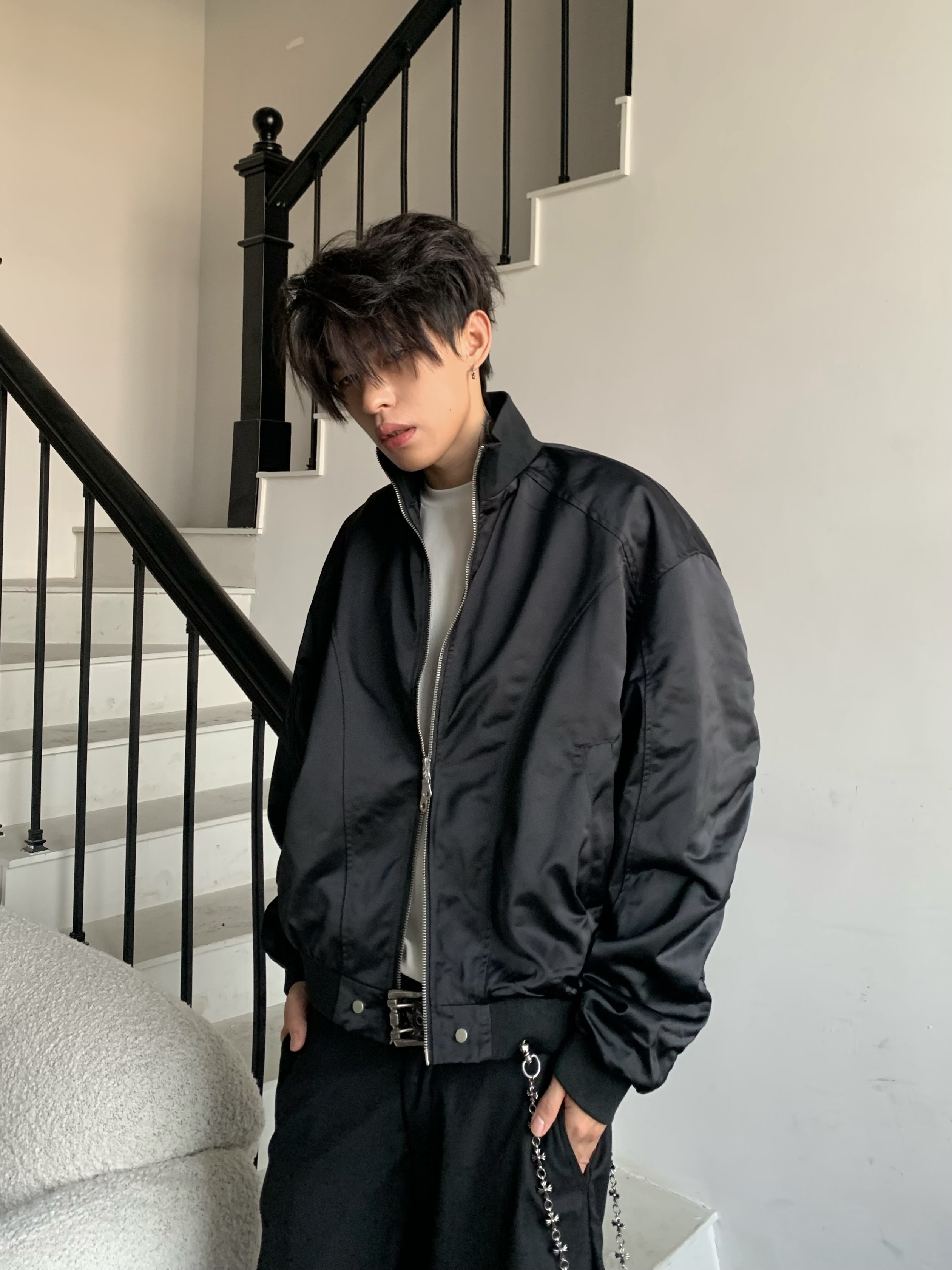 「Ueshima」美式解构cleanfit飞行员夹克外套立领褶皱百搭上衣男