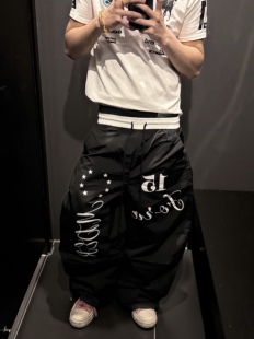 「Ueshima」复古拼接撞色字母星星褶皱弯刀阔腿运动休闲裤 男女潮