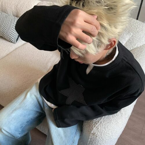 Uekk简约贴布假两件长袖卫衣男