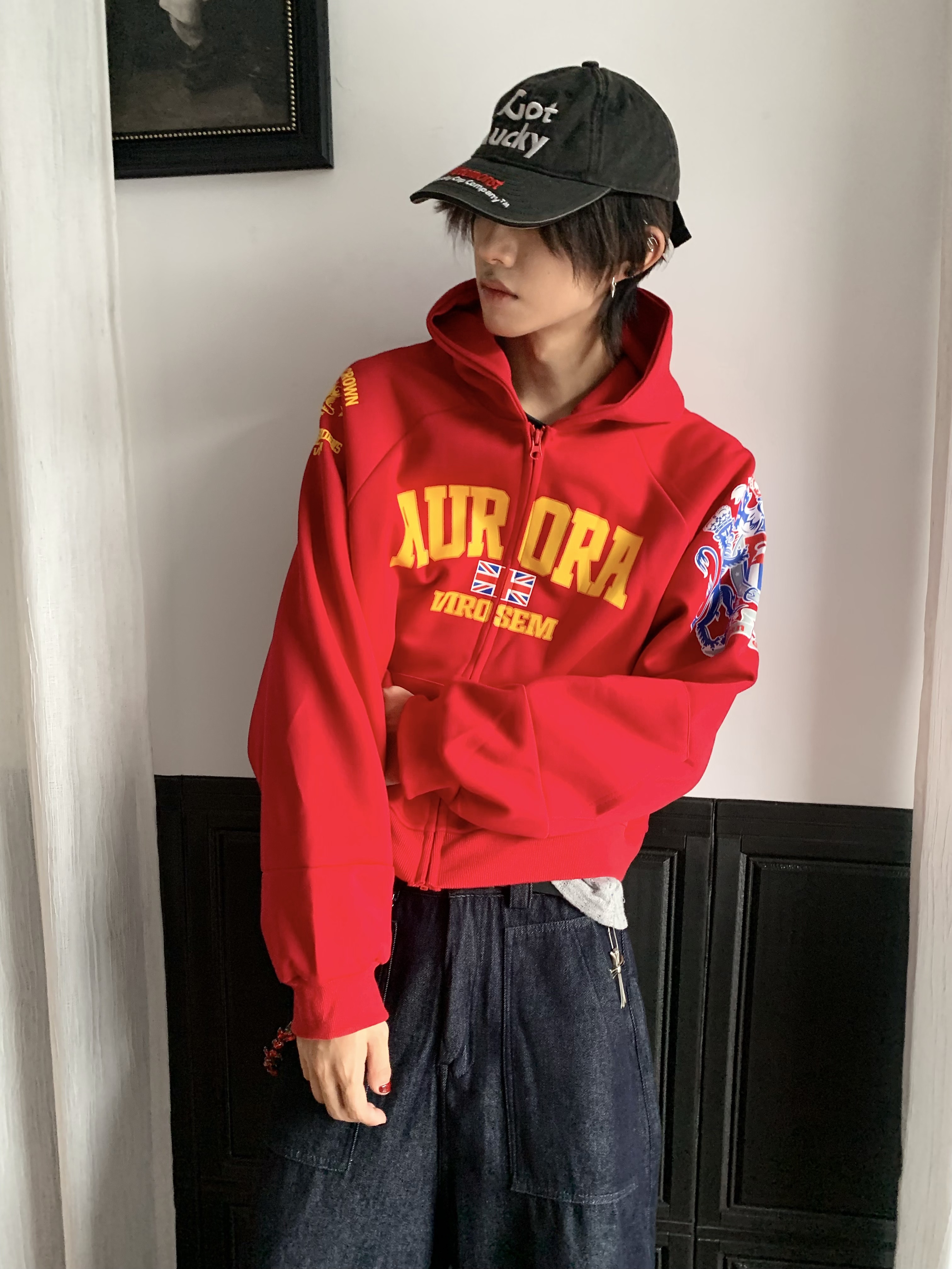 美式复古字母印花连帽开衫卫衣男