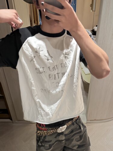 水洗做旧插肩黑白撞色短袖T恤