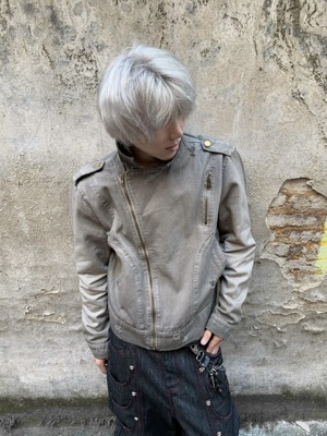 水洗廓形夹克做旧短宽巴恩风外套