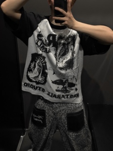 「Ueshima」恶魔印花拼接撞色设计短袖T恤男女宽松休闲百搭上衣潮