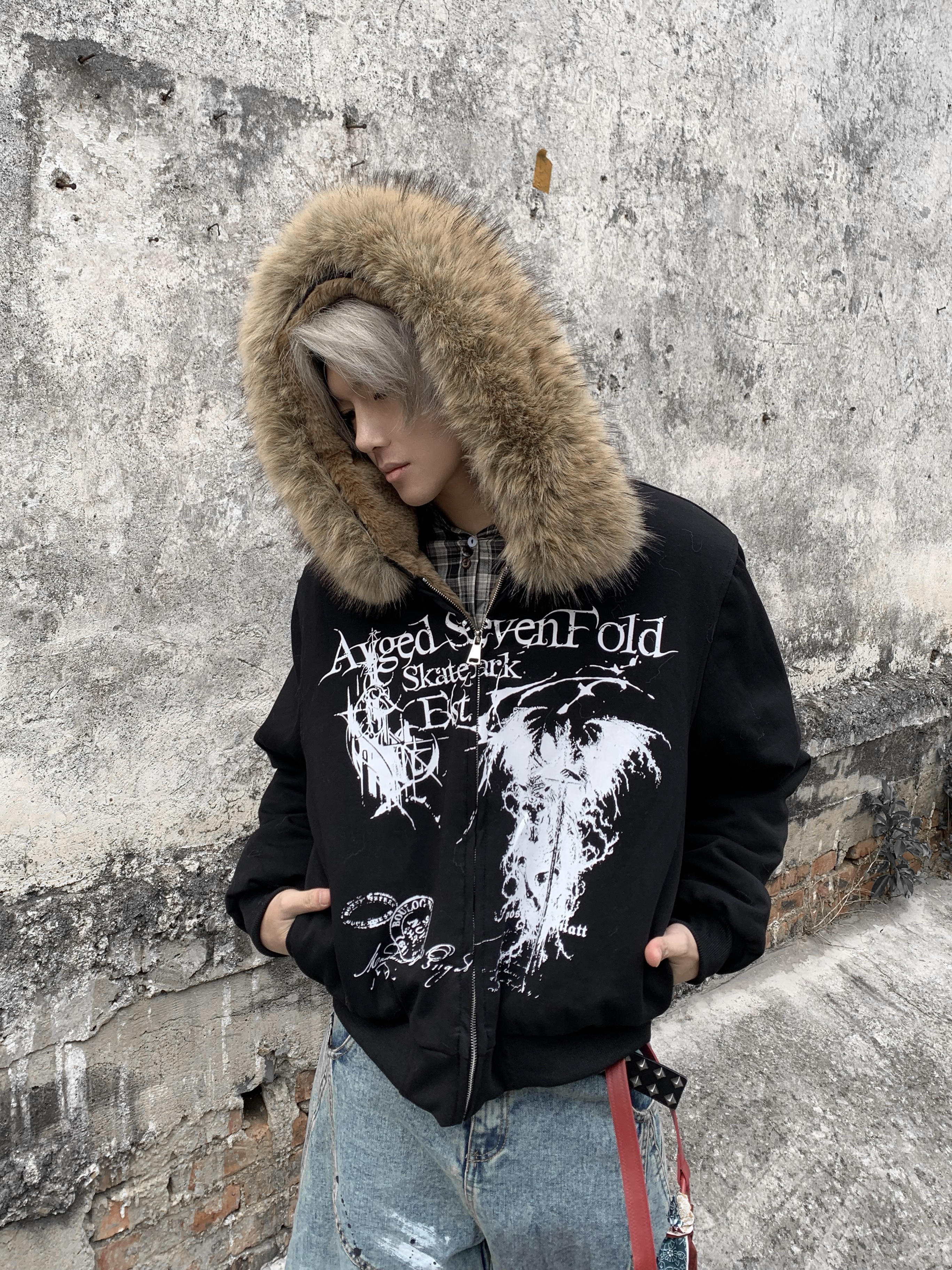 救赎暗黑风做旧连帽毛领加绒卫衣