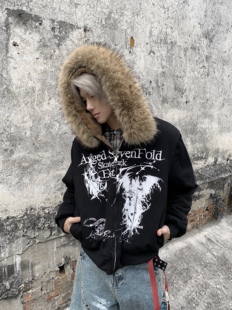 「Ueshima」救赎暗黑风晕染做旧连帽卫衣亚文化毛领加绒开衫外套