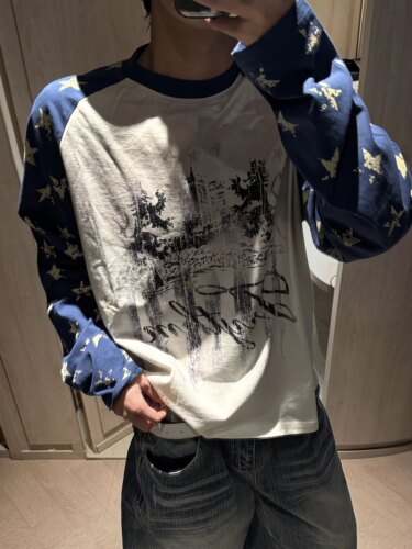做旧高街字母星星印花长袖T恤