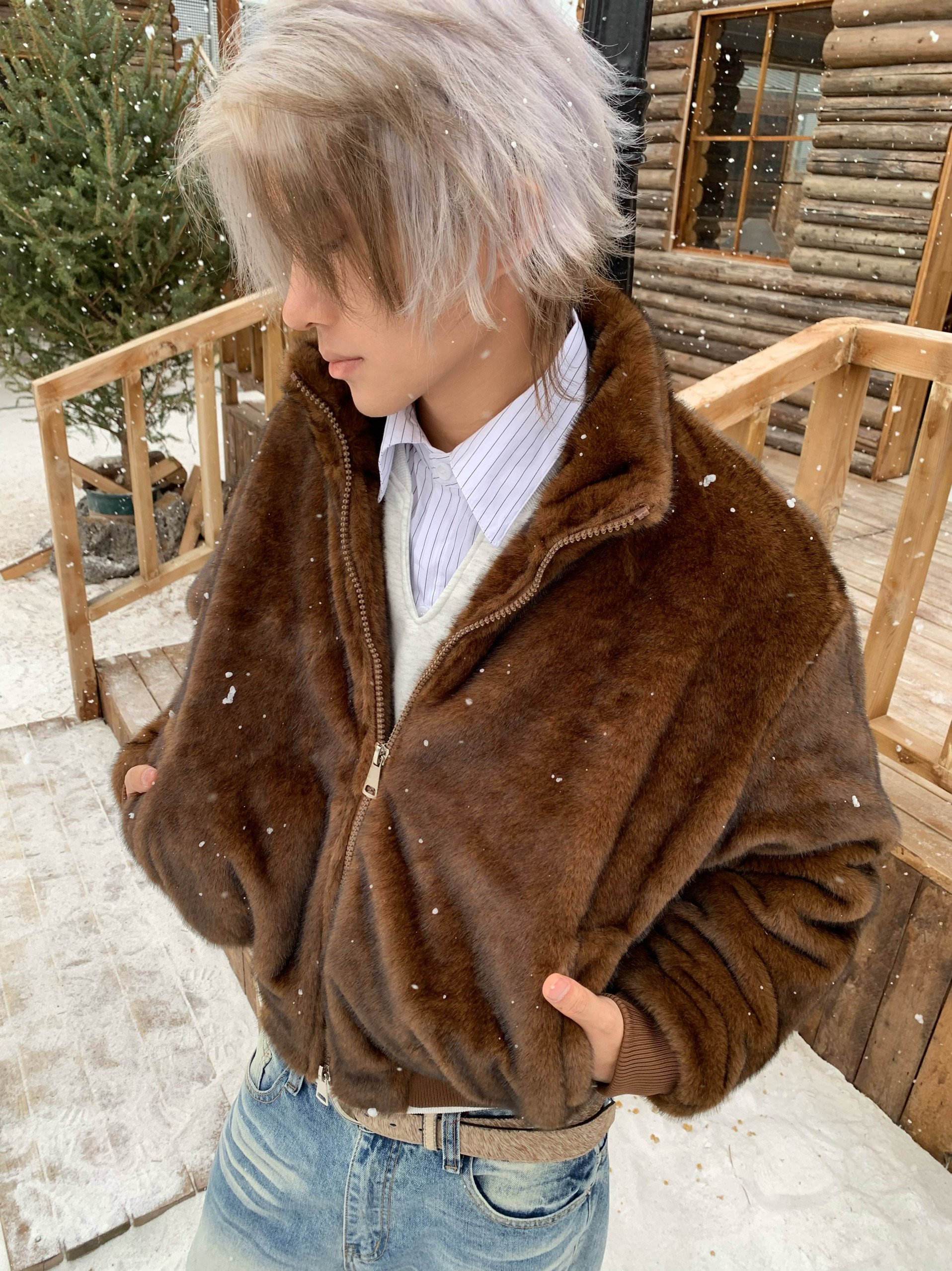 老钱风仿皮草立领加绒保暖棉服男