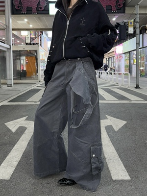 复古阔腿多口袋拼接可拆卸工装裤