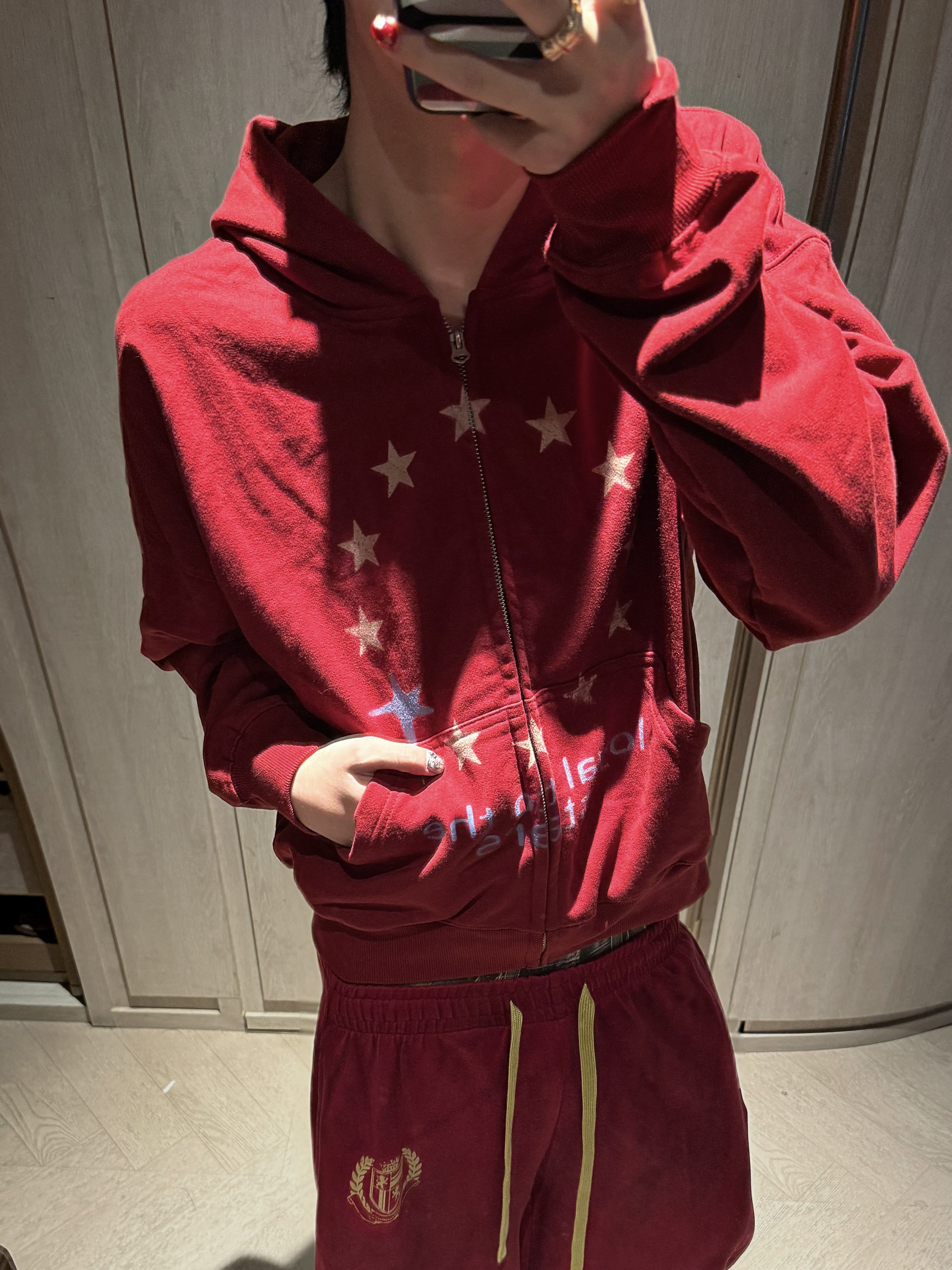 复古星星印花连帽卫衣外套男女