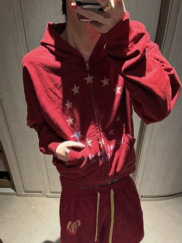 复古星星印花连帽卫衣外套男女