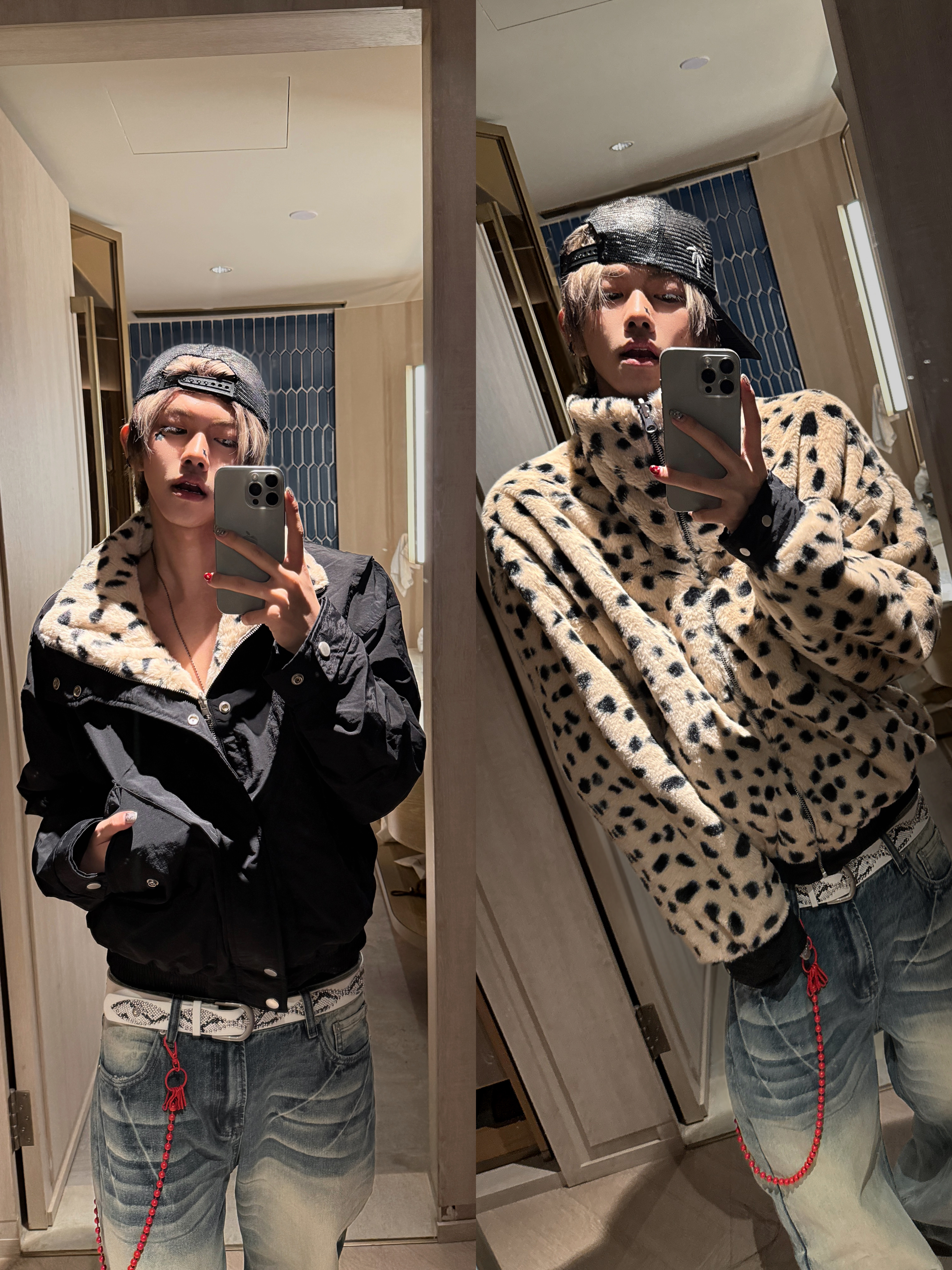 双面穿斑点豹纹立领宽松休闲棉服