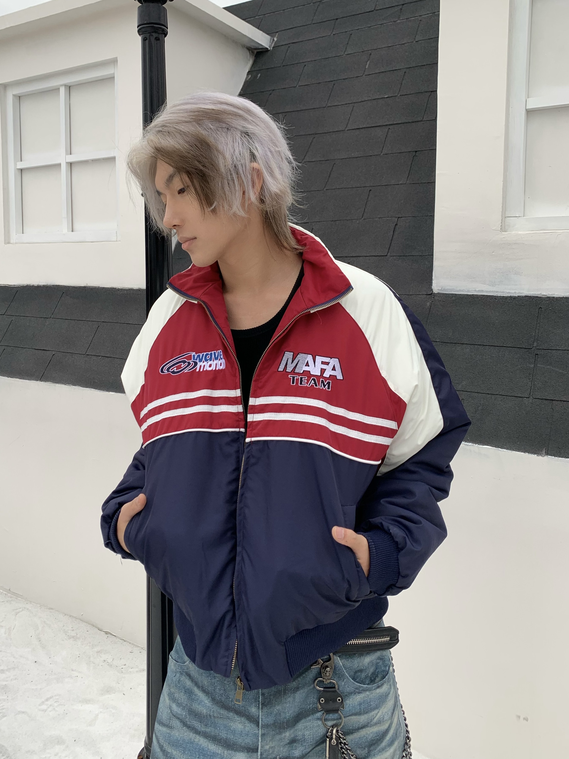 美式嘻哈拼色赛车宽松夹棉棉服男