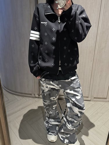 亚文化双腰迷彩拼接微喇工装裤