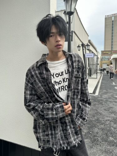 Uekk 24秋冬 「复古破坏毛边条纹衬衫」 vintage长袖外套上衣男