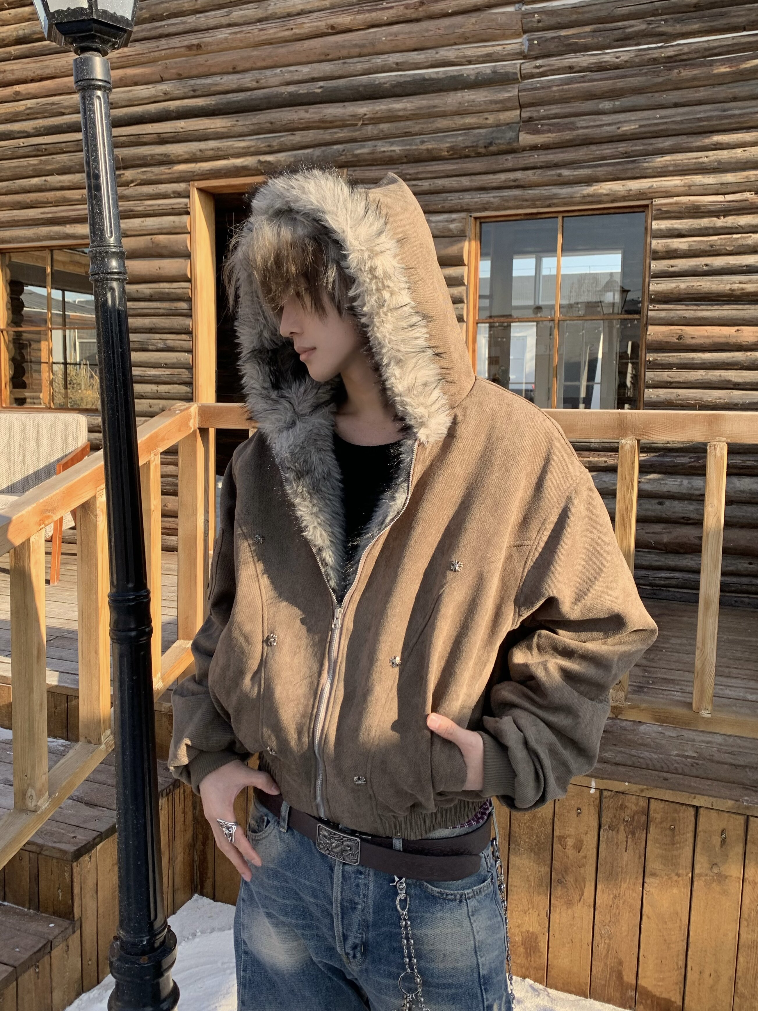 「Ueshima」*十字架*毛领连帽座山雕棉服加厚保暖宽松棉衣外套男