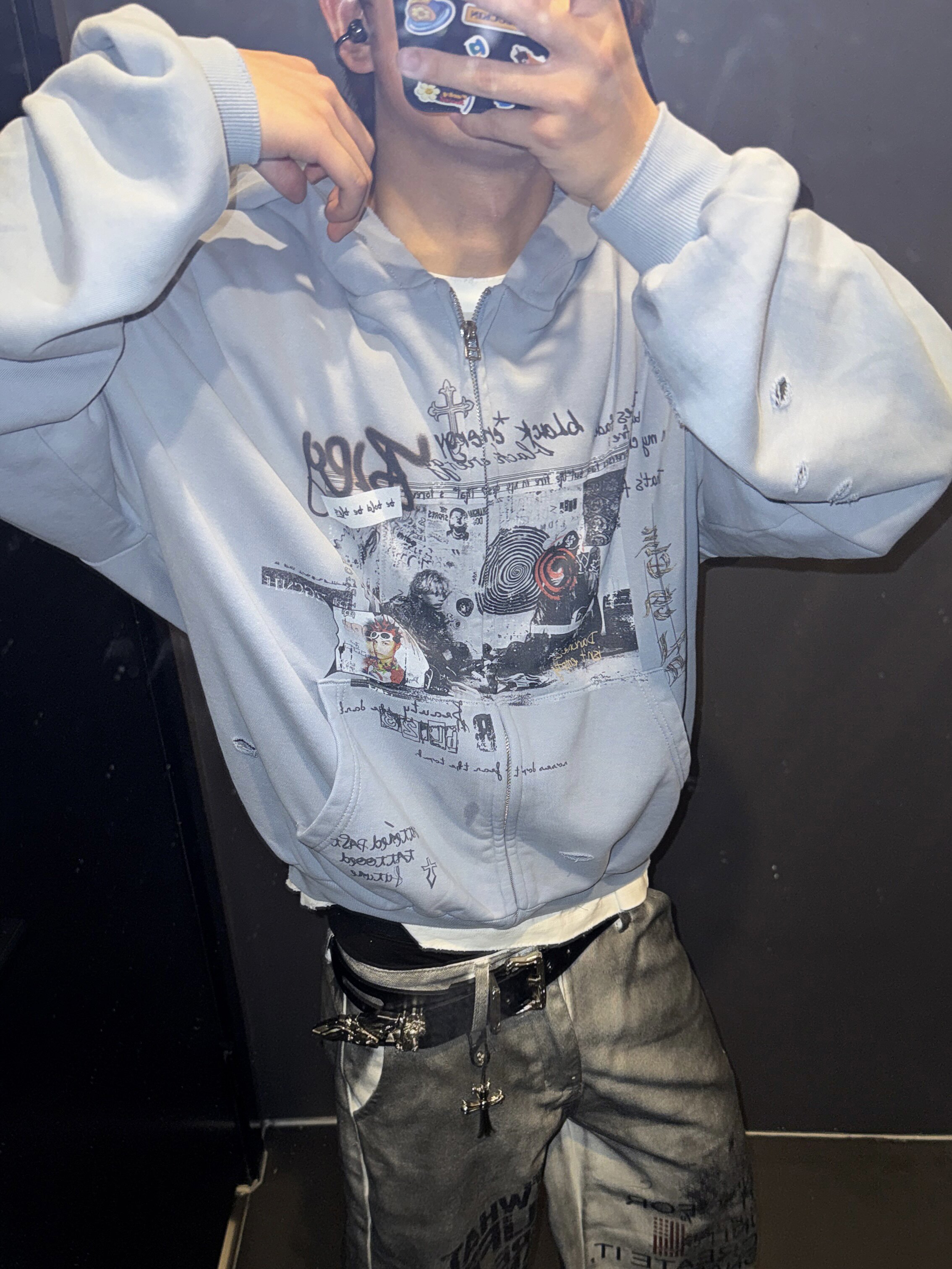 印花水洗做旧破洞连帽卫衣男女潮