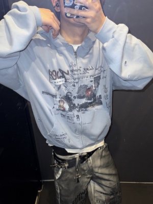 印花水洗做旧破洞连帽卫衣男女潮