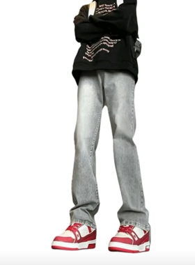 美式弯刀塑型废土风黄泥染微喇叭垂感水洗阔腿修身直筒牛仔长裤