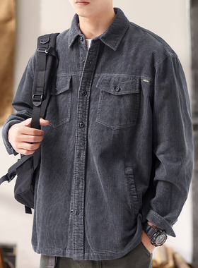 灰色灯芯绒工装衬衫外套男士春秋季宽松长袖2024新款休闲夹克衬衣