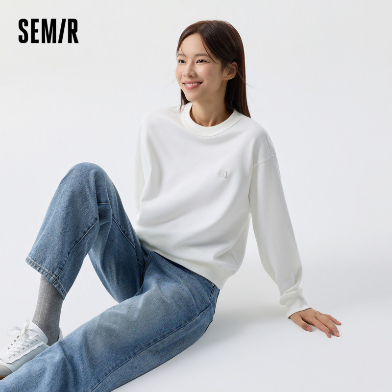 [商场同款]森马卫衣女基础简约宽松刺绣2024新款春季慵懒落肩女装