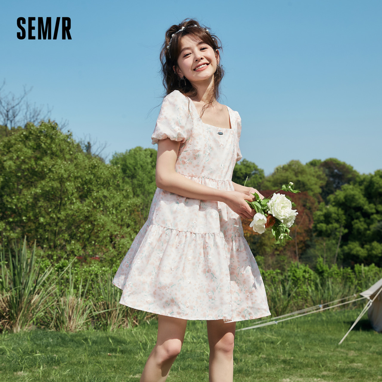 森马连衣裙女泡泡袖方领碎花裙2023夏季新款欧根纱公主裙甜美裙子