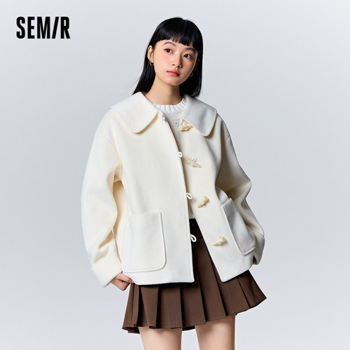 森马外套女牛角扣宽松气质纯色2023新款冬季大翻领仿毛呢上衣温柔