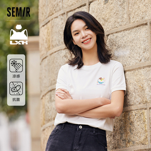 森马罗小黑短袖T恤女印花俏皮可爱上衣夏2024新款卡通圆领套头衫