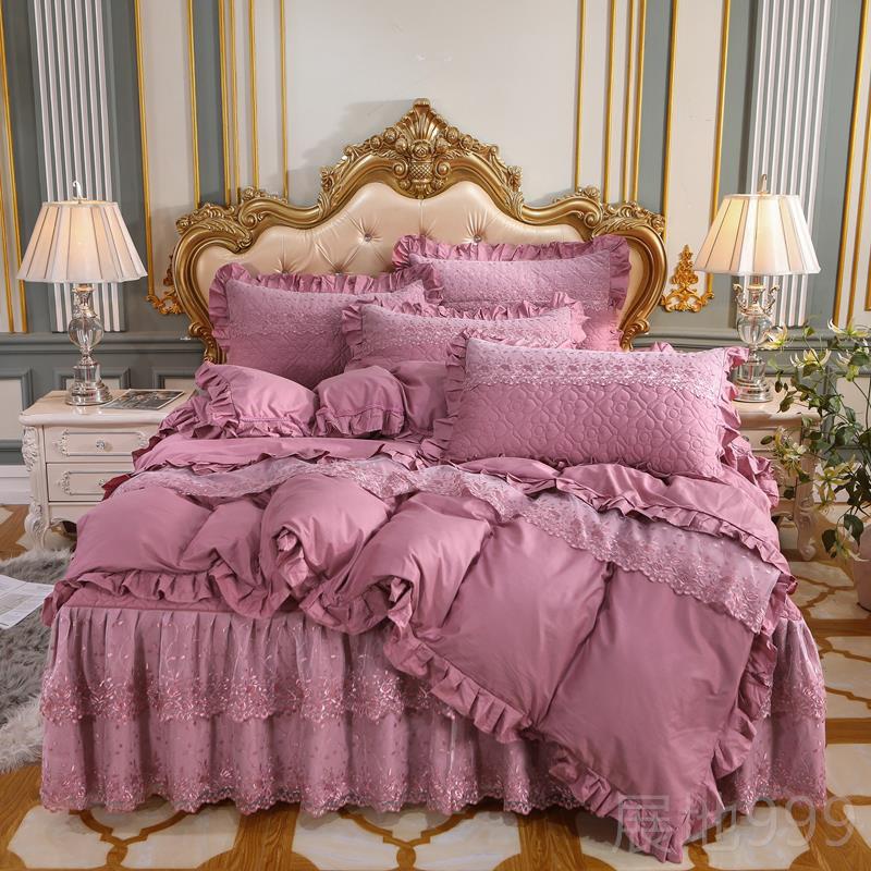 高档申牟纯家纺双 斜纹棉层蕾丝裙式四件套加厚加棉床床罩式4件套