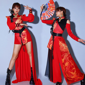 年会中国风舞蹈跳舞套装 演出服装 红色女团大气开场舞打鼓舞表演