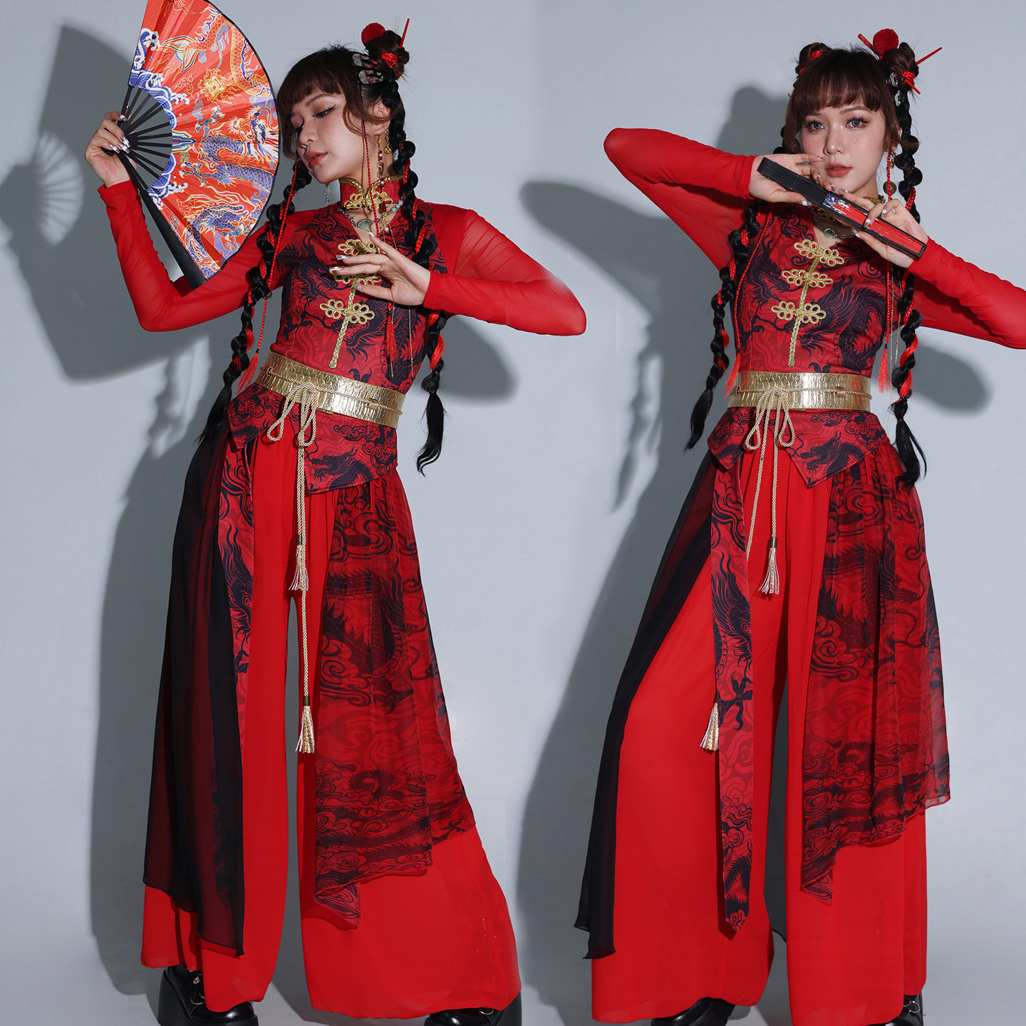 红色古风女团爵士舞蹈表演套装