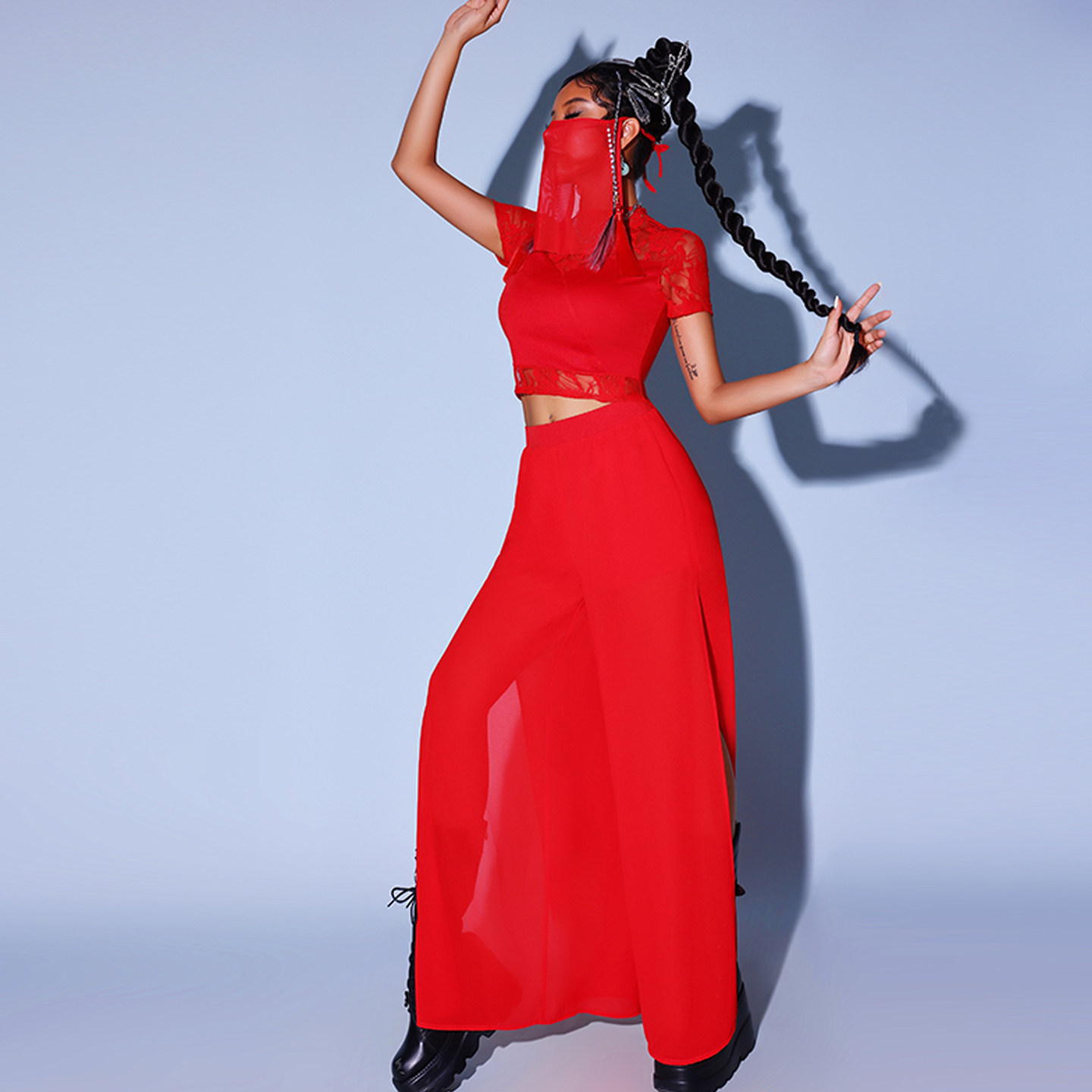 红色中国风女团打鼓舞表演套装新款演出服装成人现代舞蹈跳舞服