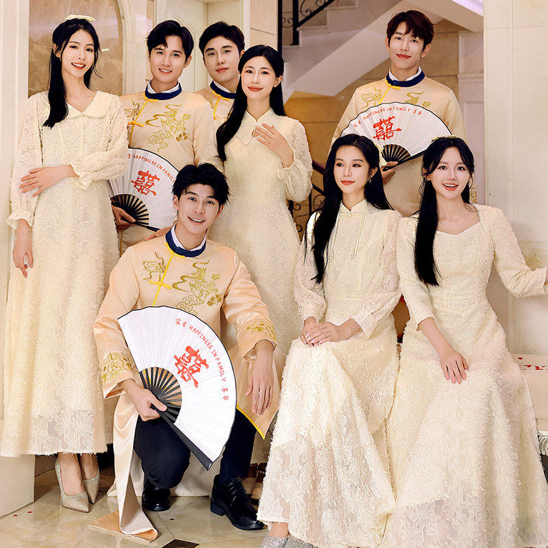 伴娘伴郎服中式接亲兄弟团结婚礼服男士大码旗袍平时可穿姐妹裙女