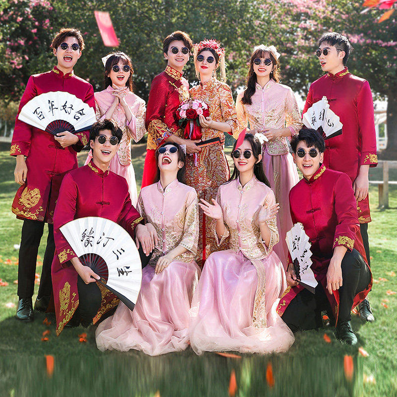 中式伴娘伴郎服兄弟唐装结婚礼服女2025新款秀禾旗袍汉服姐妹团裙