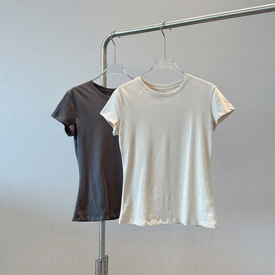 精纺平纹立裁后中缝线小圆领短袖T恤打底衫7DGZ24307