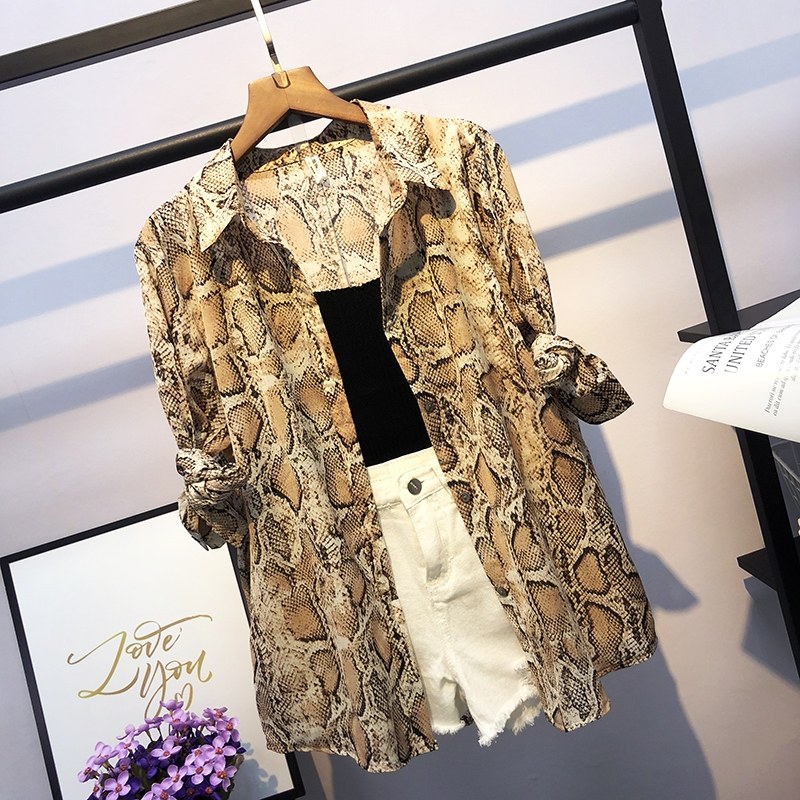 港风蛇纹印花宽松款长袖衬衫个性中长款衬衣时尚蛇皮上衣女式秋装|ruв категории Женская одежда, рубашка - от Buy2taobao.com для оказания профессиональной услуги покупки агента Taobao