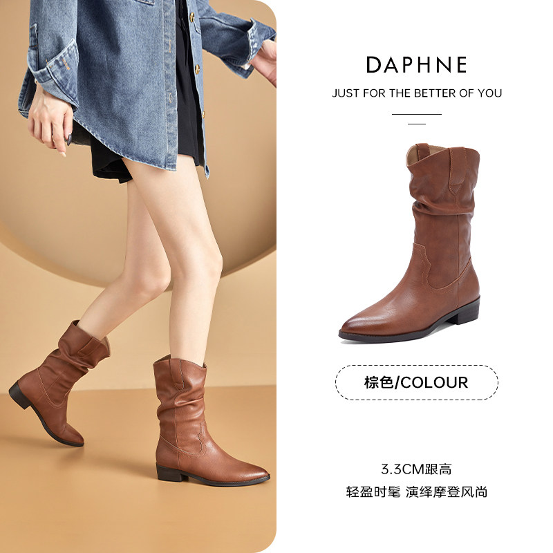 DAPHNE 지적 발가락 서부 카우보이 부츠 여성용 중반 송아지 파일 부츠 2024 새로운 스타일 주름 두꺼운 뒤꿈치 짧은 부츠 여성 부츠 가을 겨울