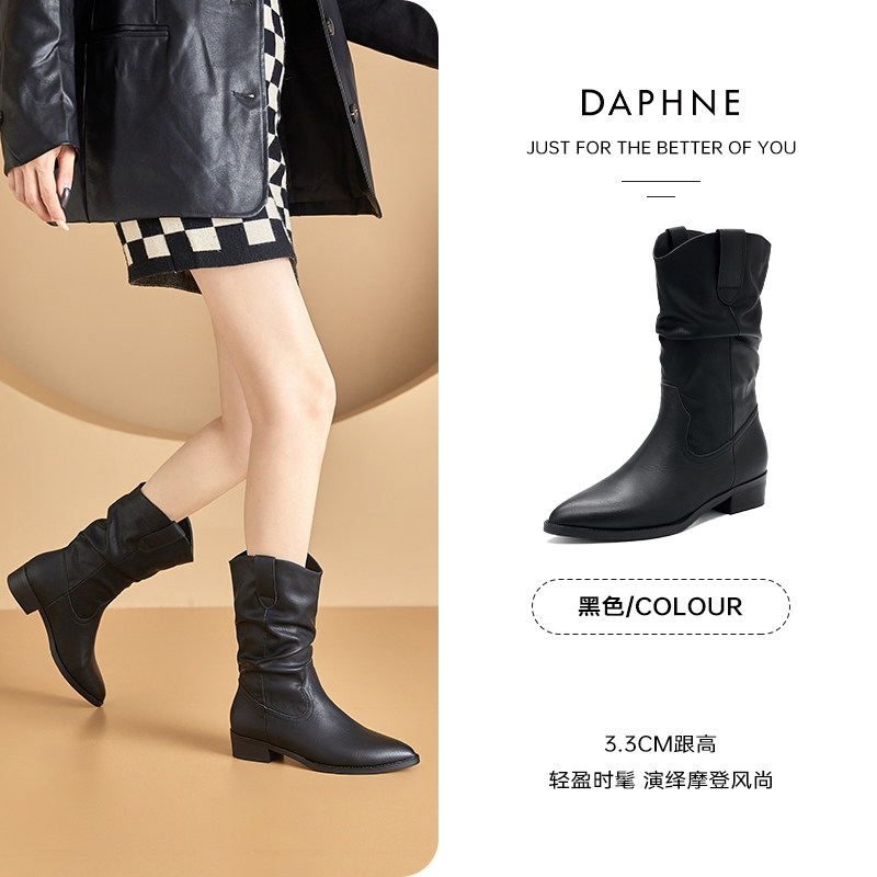 DAPHNE 지적 발가락 서부 카우보이 부츠 여성용 중반 송아지 파일 부츠 2024 새로운 스타일 주름 두꺼운 뒤꿈치 짧은 부츠 여성 부츠 가을 겨울