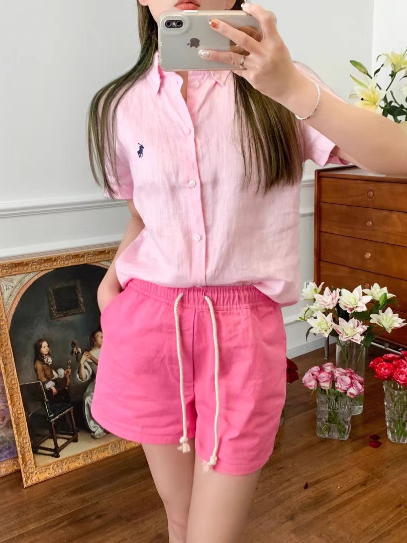 100%亚麻短袖衬衫女款polo小马标进口外贸原单拉夫休闲衬衣夏季