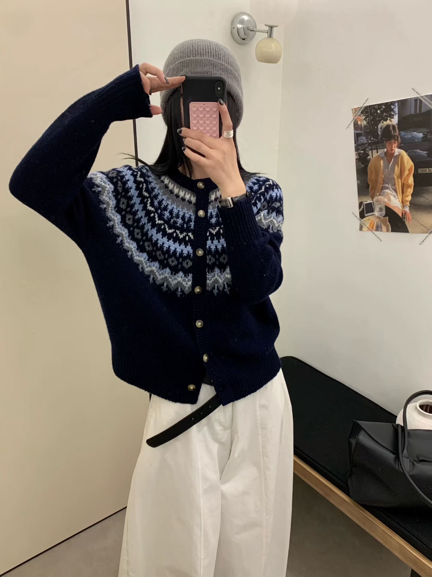 纯羊毛加厚费尔岛2025新款秋冬圆领针织衫毛衣女款长袖提花开衫