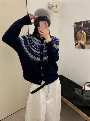 纯羊毛加厚费尔岛2025新款秋冬圆领针织衫毛衣女款长袖欧美范开衫