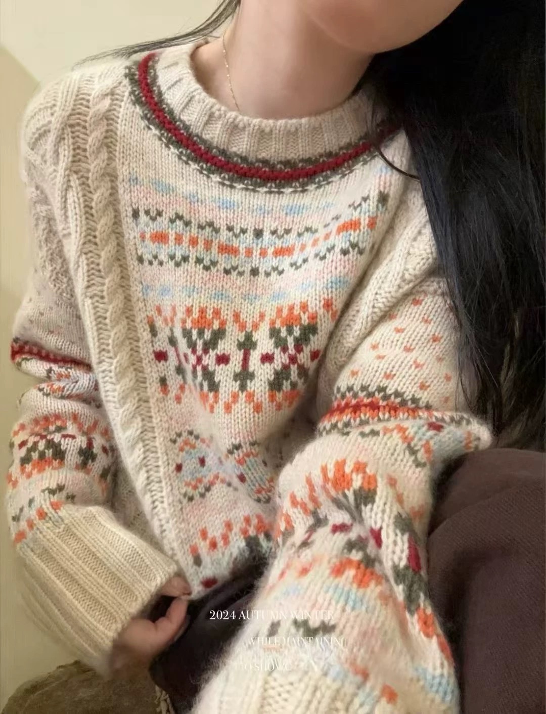 超好看秋冬新款羊绒衫羊毛高端女装英伦风提花加厚款毛衣费尔岛25