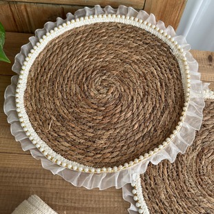 拍一发二!纯手工草绳编织仙女珍珠蕾丝花边垫子装饰垫拍照道具