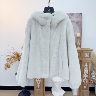 珞媄「云霜」连帽宽松冬季 水貂皮休闲百搭外套8831