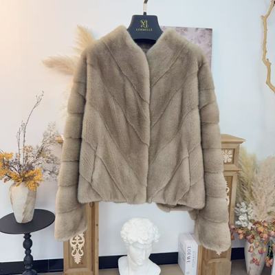 珞媄「暖棕」进口水貂皮短款立领横排貂皮大衣时尚保暖外套9299